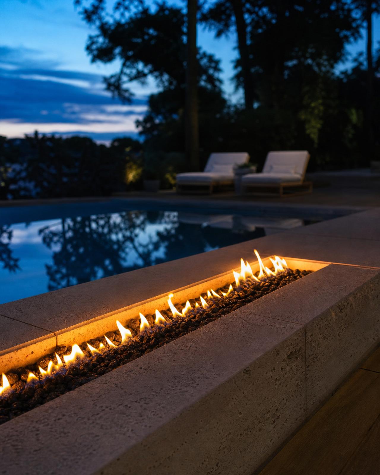 Fire low against the water, after sunset.
